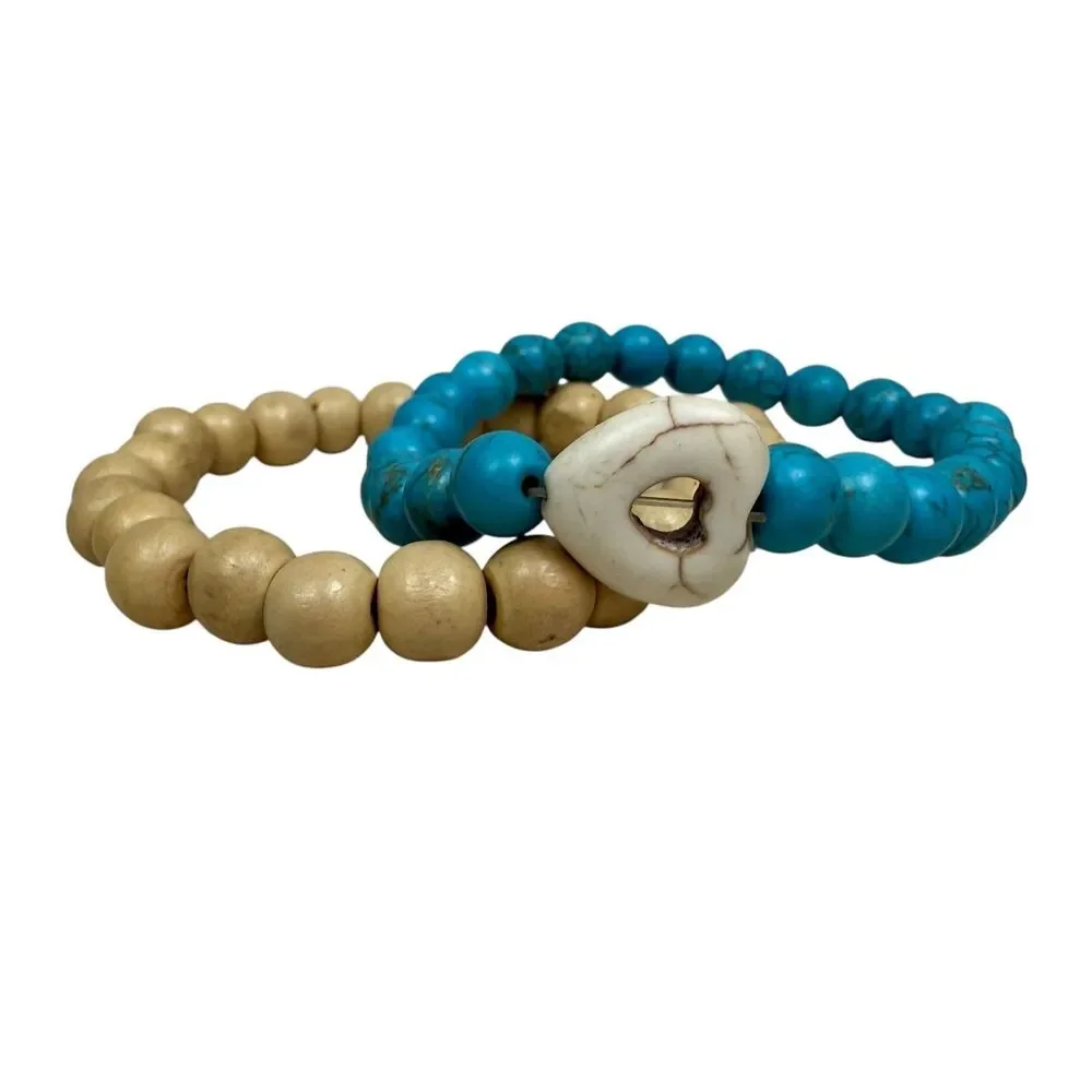 Boho Turquoise Wood Beaded Stretch Bracelet Set Stacking Beach Jewelry